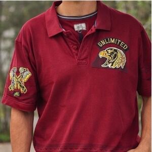 Ecko Unltd Mens Red Polo Shirt Eagle Tomahawk Patches Size L